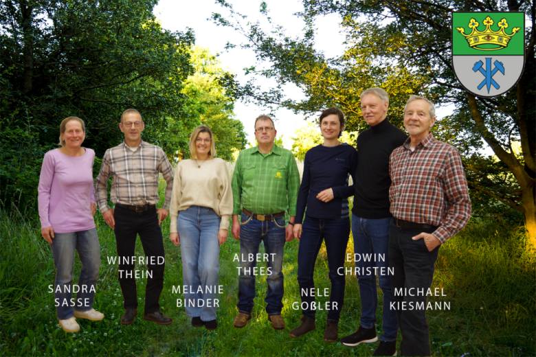 Gruppenfoto des Ortsgemeinderats Hockweiler: Sandra Sasse, Winfried Thein, Melanie Binder, Albert Thees, Nele Goßler, Edwin Christen, Michael Kiesmann